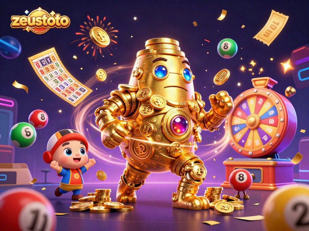 Engage in vibrant lottery excitement with zeustoto's golden golem surrounded by lively game elements.