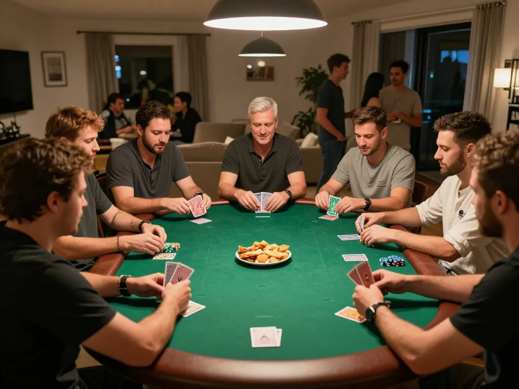 Friends enjoying a lively poker game at home, showcasing vt88's strategic gameplay.