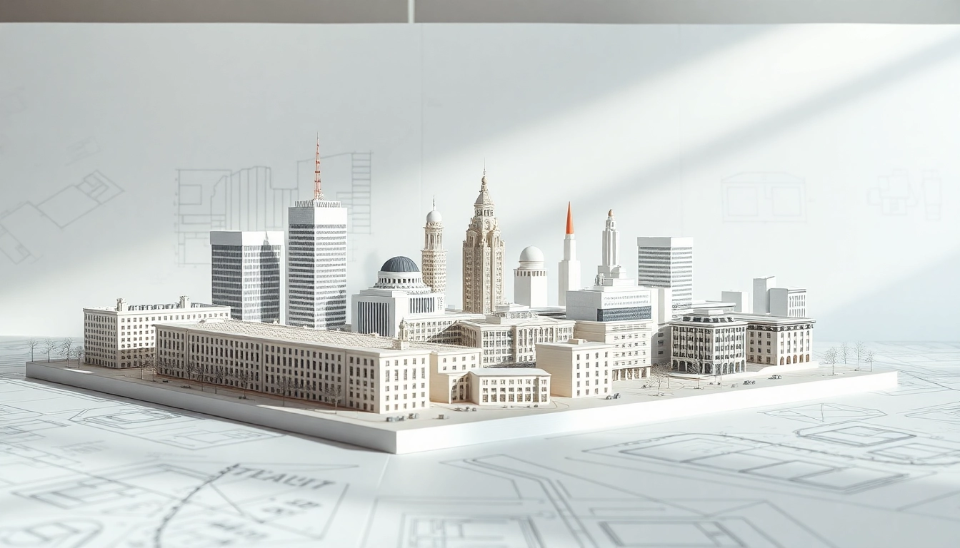 Architekturmodellbau Stuttgart zeigt eine präzise Modelle der Skyline und architektonischer Pläne.