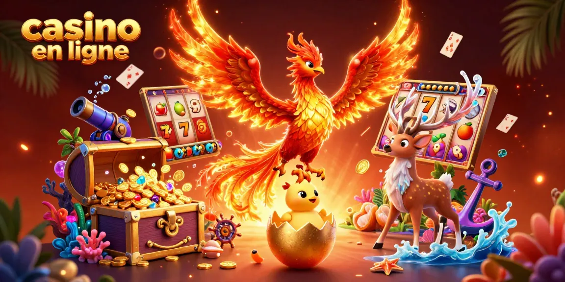 Visualisez un feu phénix majestueux et un casino en ligne vibrant avec chance et jackpots.