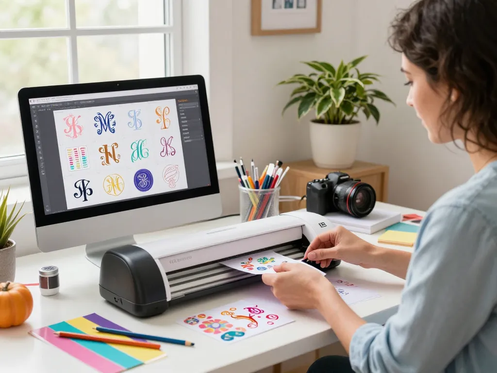 Creative woman designing Cricut stickers and monograms in a vibrant home studio.