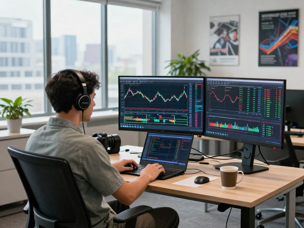 Trader using MetaTrader 5 on multiple screens in a modern office setup.