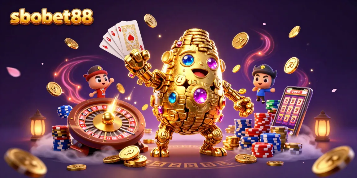 Win big with sbobet88's vibrant 3D gambling scene featuring a golden golem and spinning roulette!