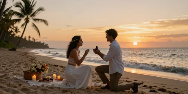 Oahu engagement photographer capturing a romantic proposal at sunset on the beach.