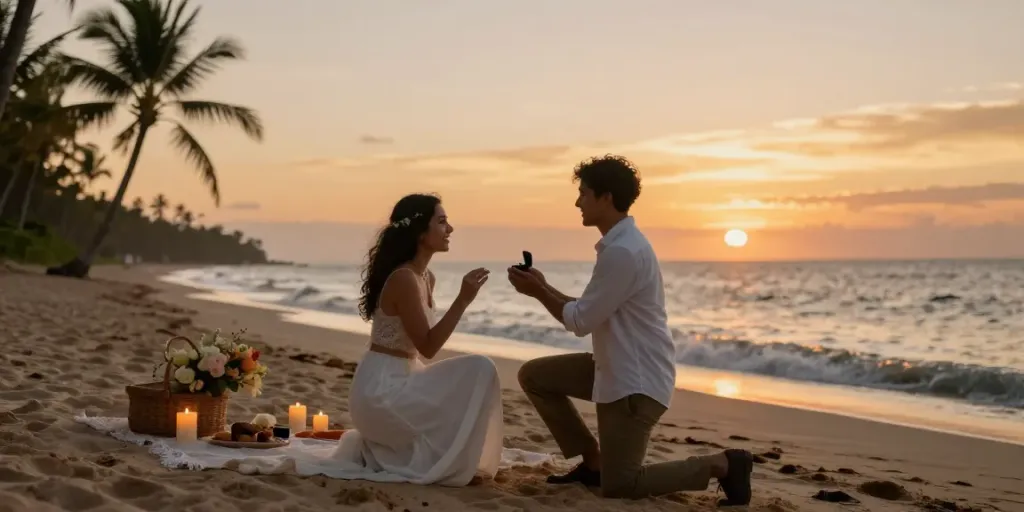 Oahu engagement photographer capturing a romantic proposal at sunset on the beach.