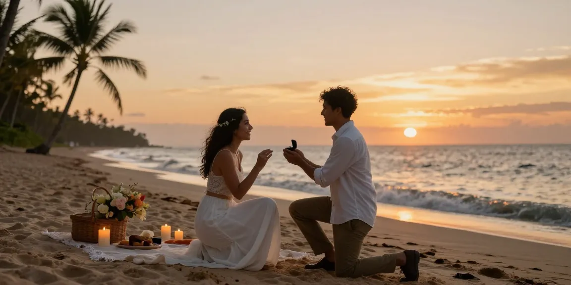 Oahu engagement photographer capturing a romantic proposal at sunset on the beach.