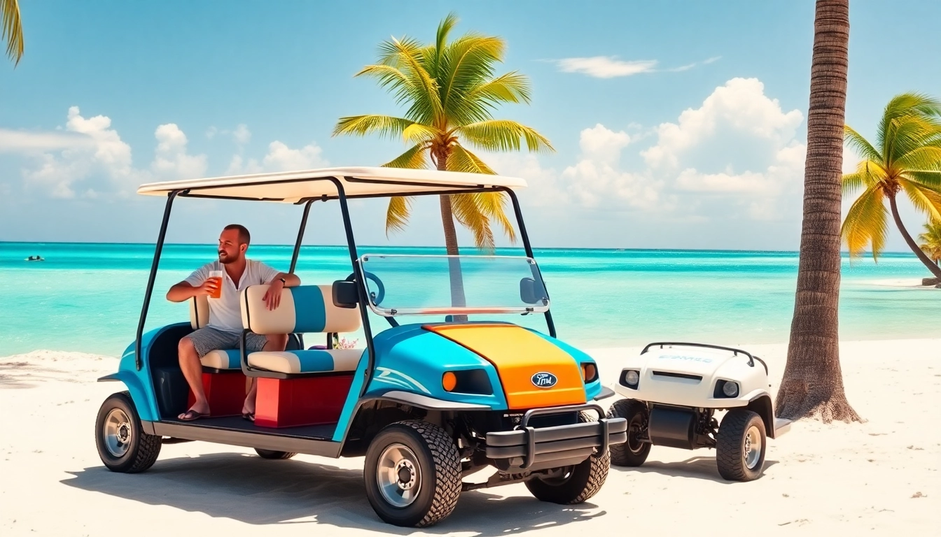 Rent a golf cart in San Pedro Belize with a colorful cart on the sunny beach.
