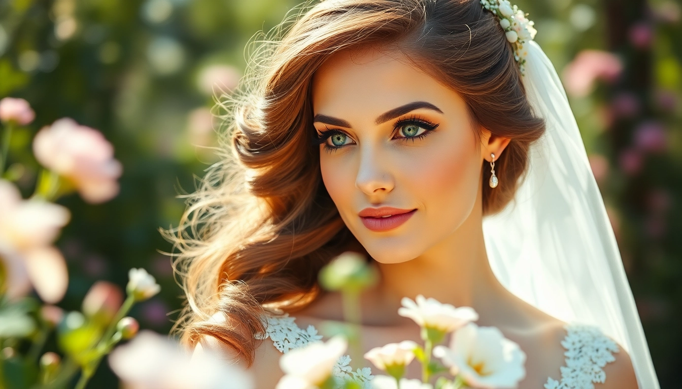Bridal model displaying exquisite wedding hair and makeup in a picturesque garden setting.