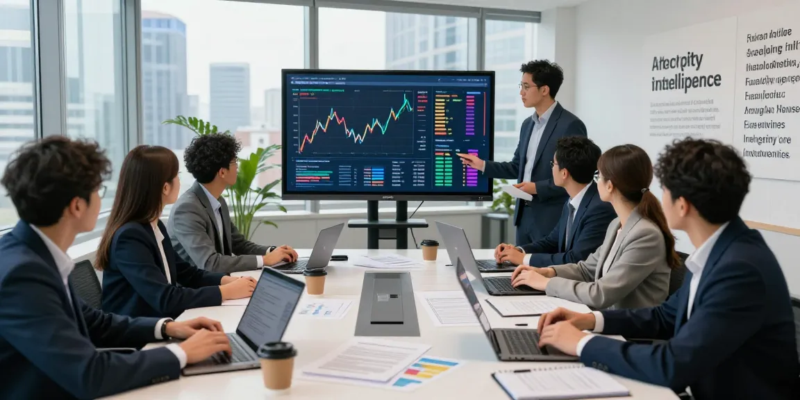 Team analyzing financial crime intelligence data in a modern office setting with presentations and analytical tools.