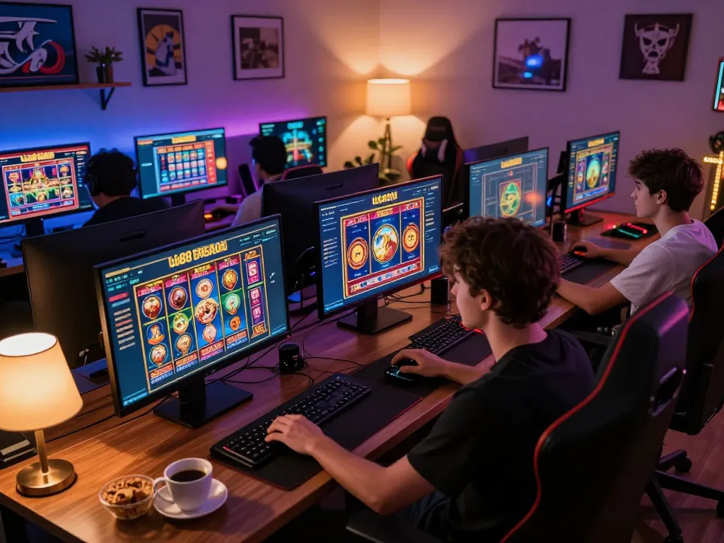 Player engages in online slots at uu88 in a cozy gaming setup with colorful graphics.