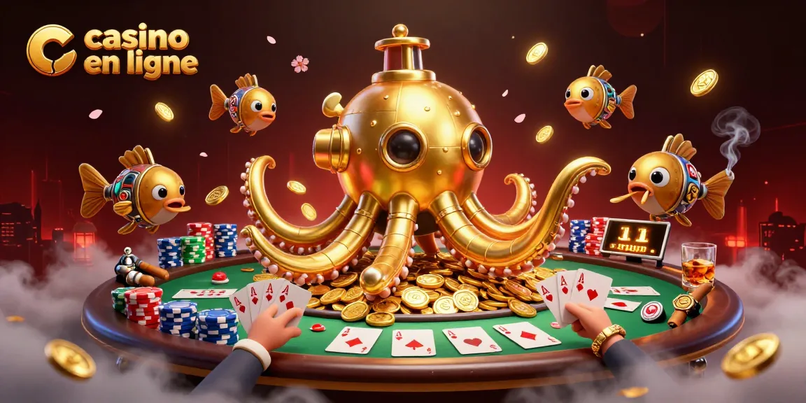Visuel captivant de casino en ligne, représentant un kraken doré et des poissons mécaniques entourant des jetons de poker.