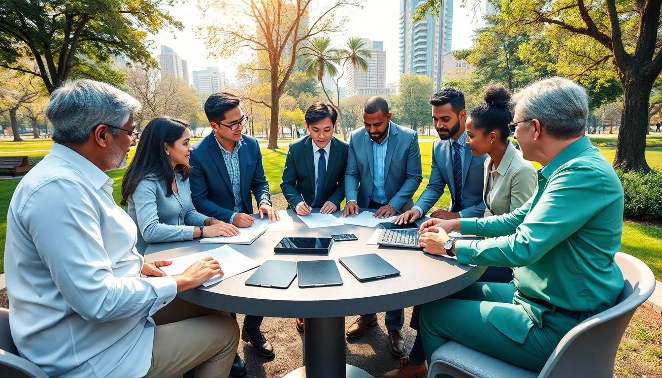 Engaged team collaborating on Public-Private Partnerships strategy in an urban park.