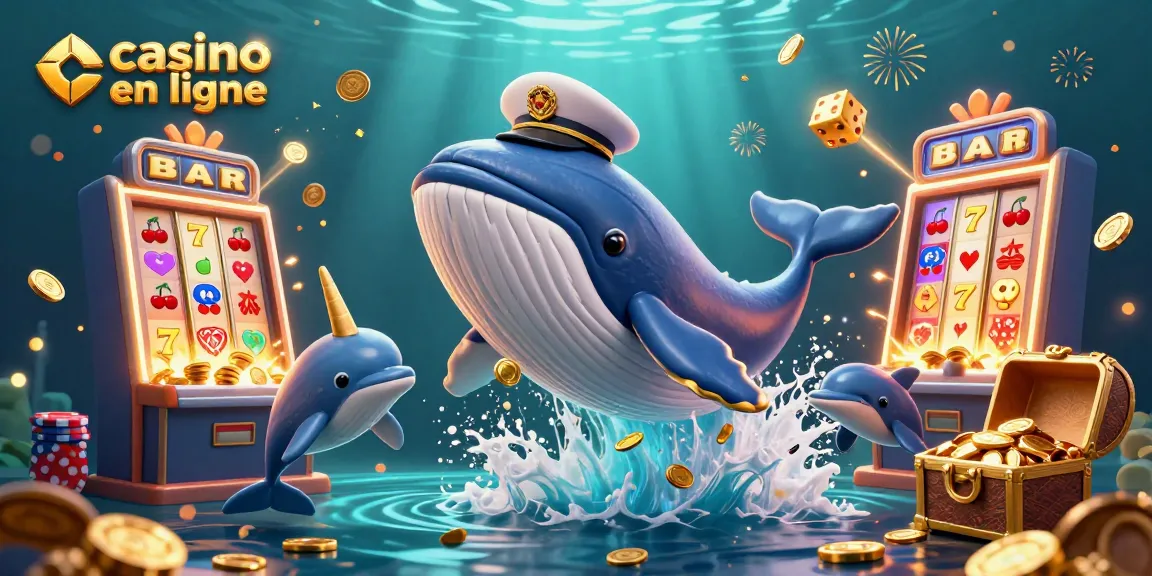 Illustration de casino en ligne avec une baleine et des dauphins jouant avec des jetons à travers des pièces d'or.
