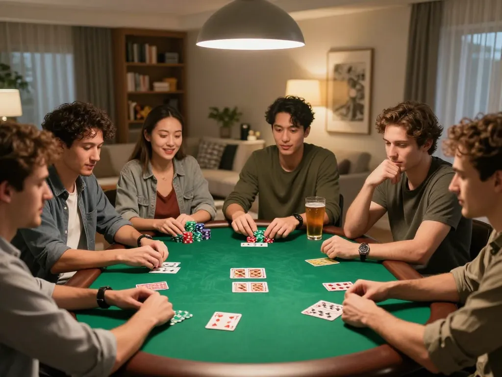 Friends enjoying a thrilling poker game at home using ga6789 platform, showcasing cards and chips.