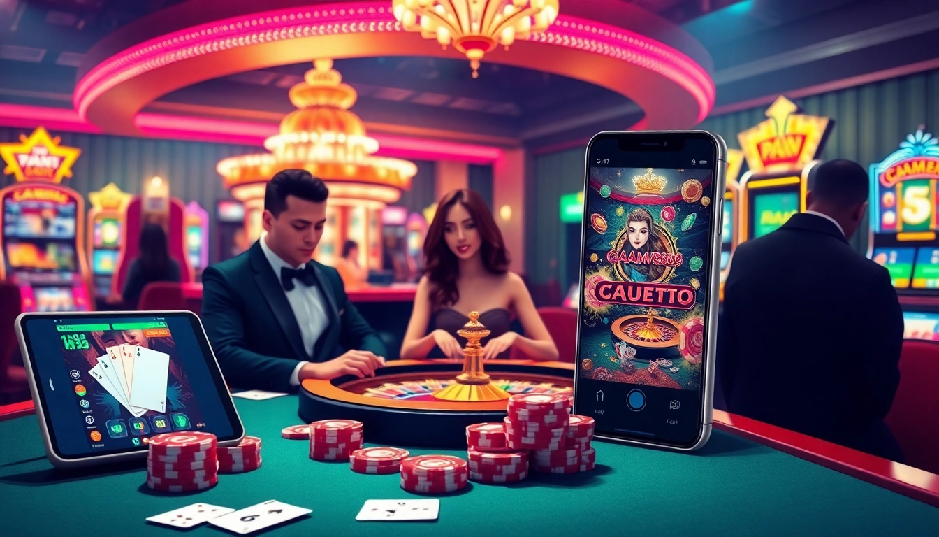 Experience the thrill of GACAM888's vibrant online casino with glowing slots and live poker action.