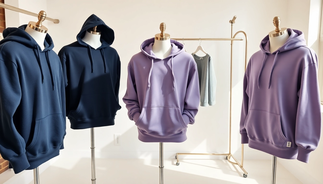 Showcasing high-quality blank hoodies in a trendy retail environment with vibrant colors.