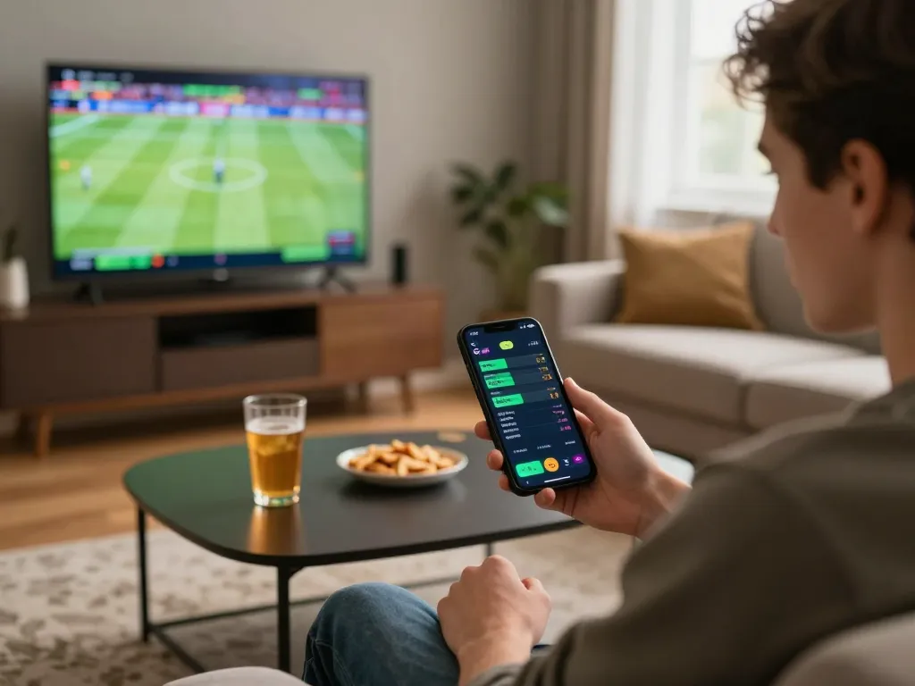 Person using sports betting app at home, engaging with manclub mobile features in a warm living environment.