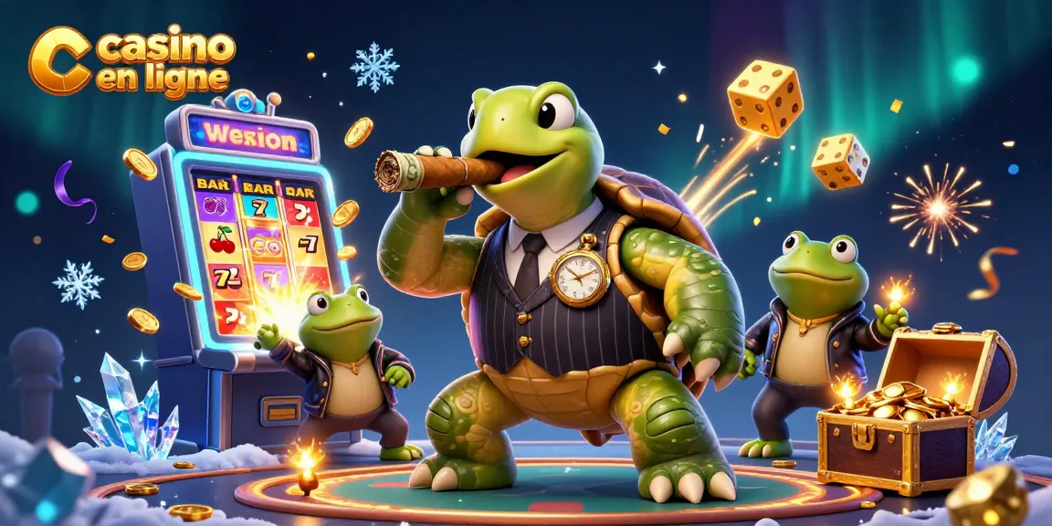 Visuel d'un casino en ligne avec une tortue massive, des grenouilles et une machine à sous animée, créant une ambiance festive.