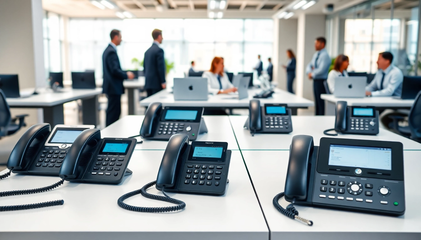 Showcase of business phone systems highlighting various models in a modern office setup.