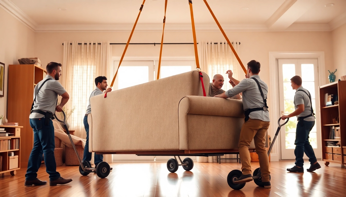 Professional movers executing oversize item moves with lifting straps and dollies.