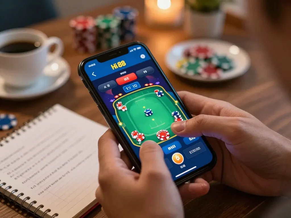 Engaging moment playing poker on the Hi 88 app in a cozy home setting