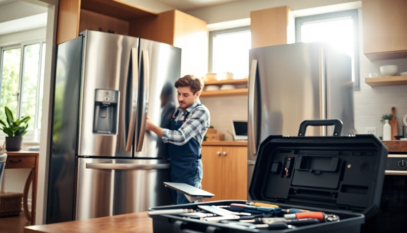 Appliance repair technician meticulously fixing a stainless steel refrigerator.