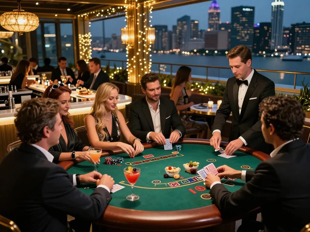 Engaging blackjack game at an upscale rooftop bar promoting uk88 com, vibrant ambiance and luxury setting