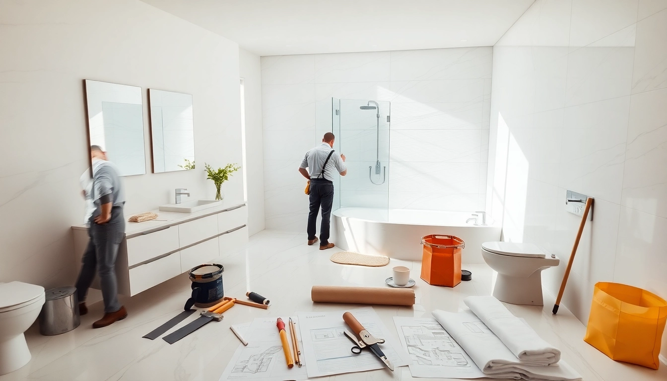 Skillful bathroom installers executing renovations in a modern bathroom environment.