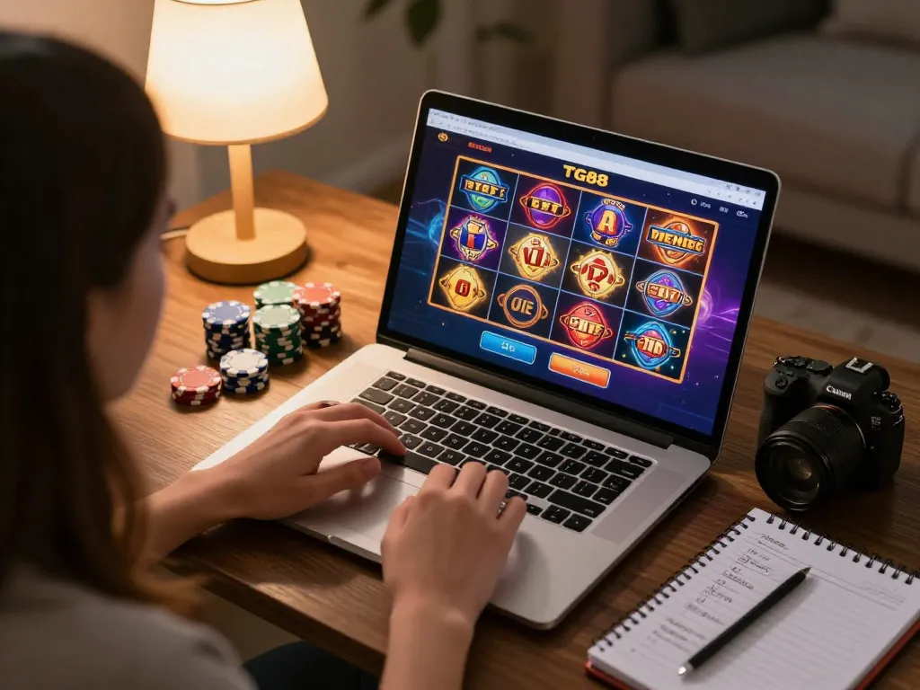 Player engaging with TG88 online platform while managing bankroll and strategies during home gaming session