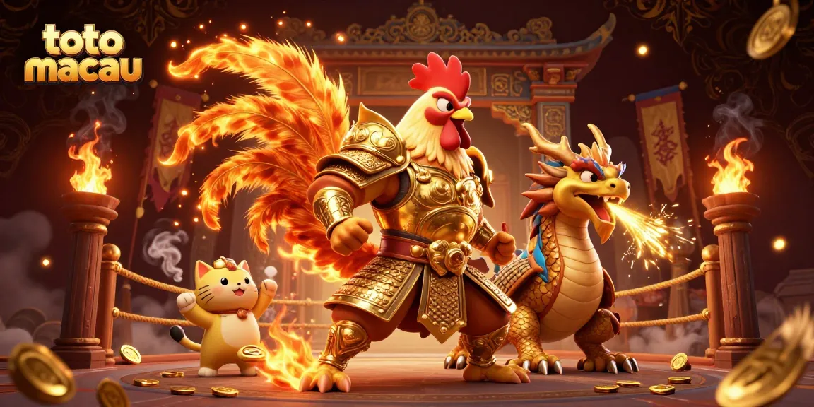 Engage in thrilling battles at toto macau with powerful rooster warriors and dragon hatchlings in this vibrant scene.