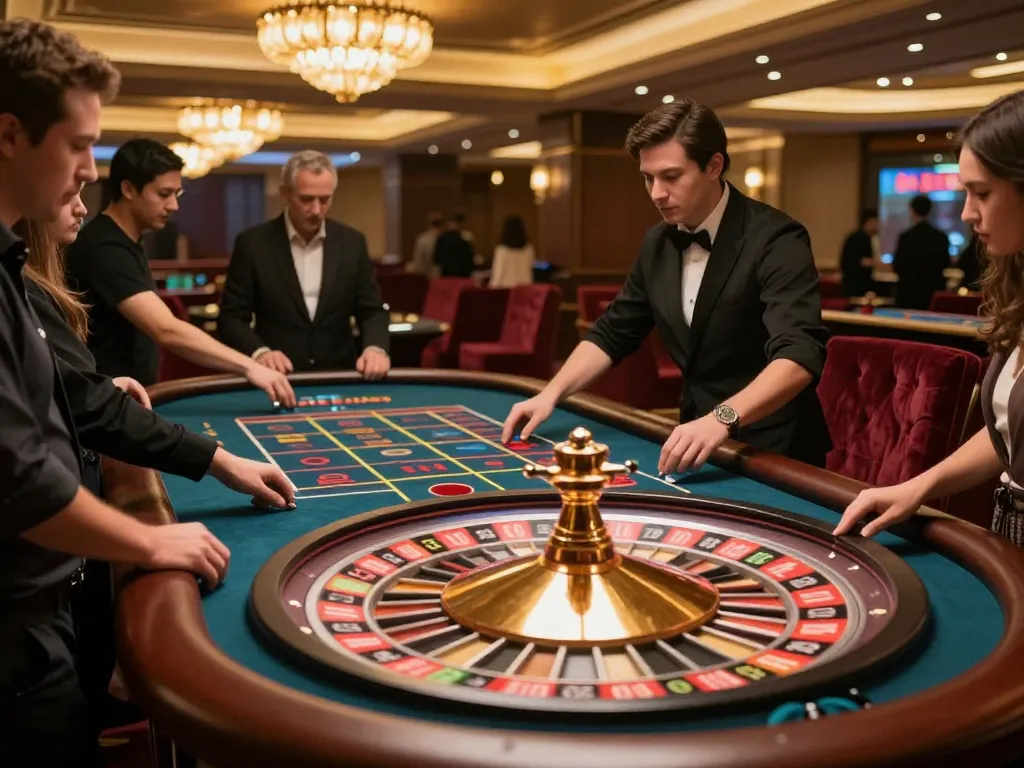 MM88 players placing bets at an exciting roulette table under warm casino lights.