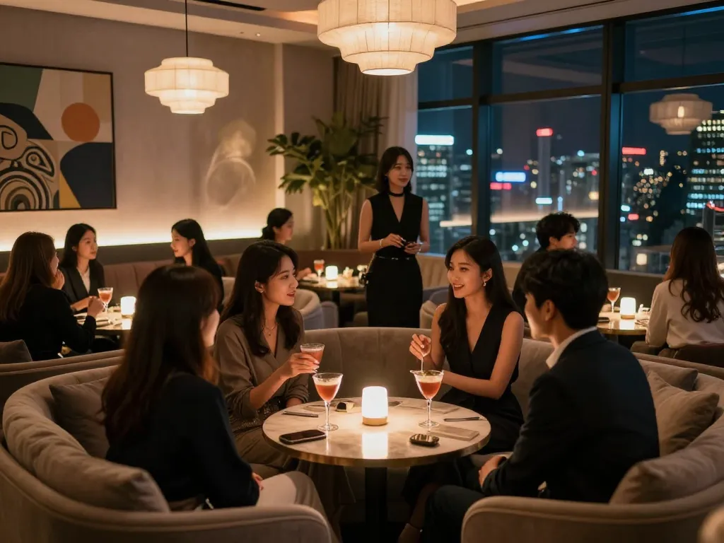 Experience the allure of 강남쩜오 in an upscale nightlife setting with stylish patrons and elegant decor.