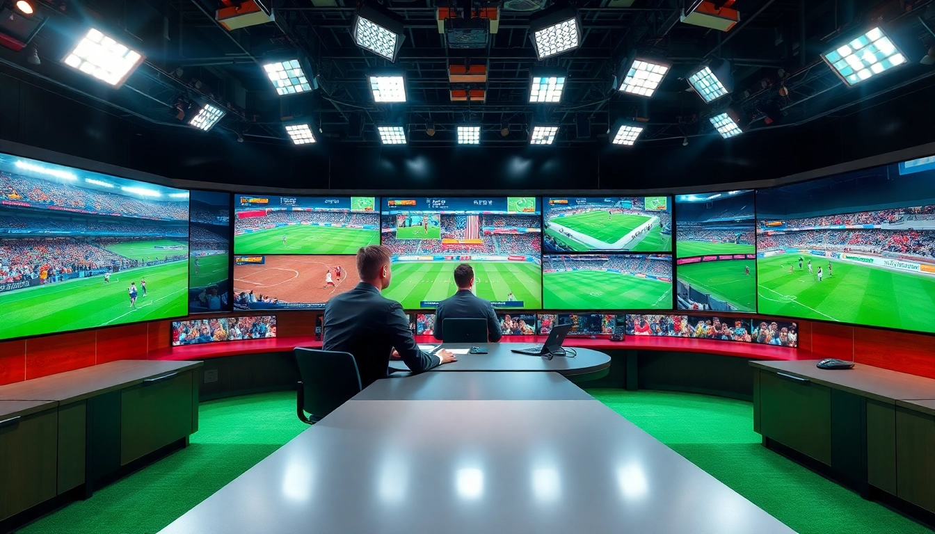 Engaging sports broadcasting scene with live announcer at a desk showcasing sports events.