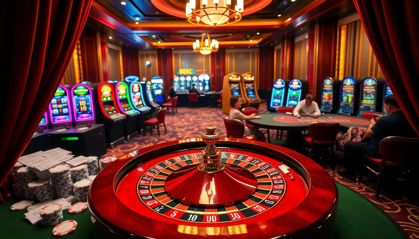 Experience the excitement of gambling at https://rr88.se.net/ with this vibrant casino scene showcasing roulette and poker chips.