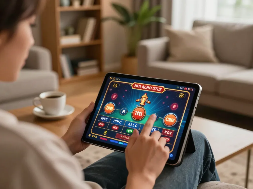LUCK8 player enjoying an online casino experience on a tablet in a cozy home environment.