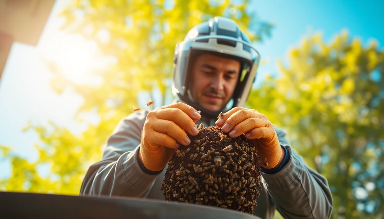Expert in honey bee hive removal demonstrating safe techniques.
