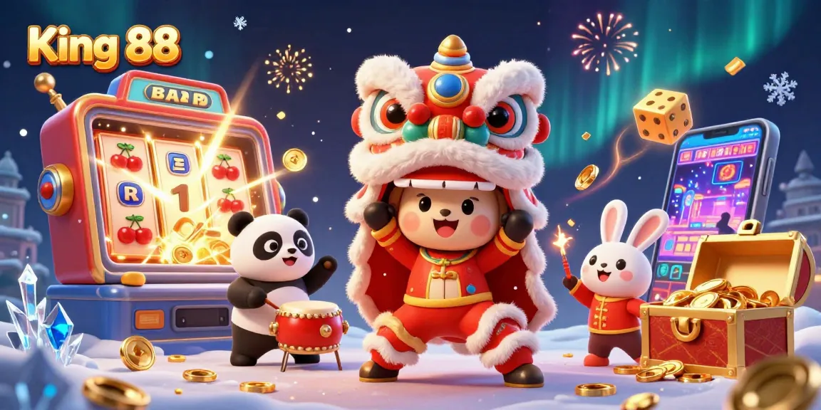 Experience King 88's vibrant casino magic with lion dancers, jackpots, and colorful game elements.
