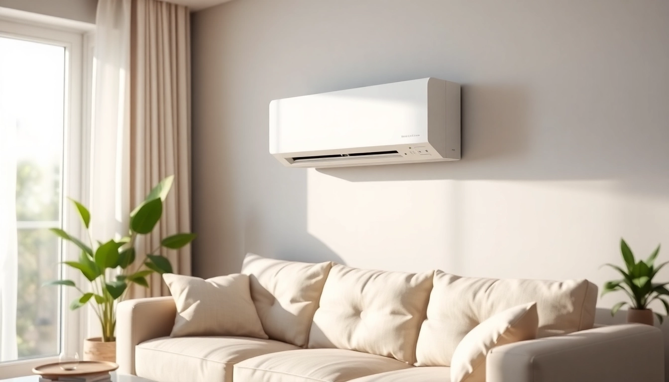 Showcase a mini split ac in a modern living room with natural lighting and cozy decor.