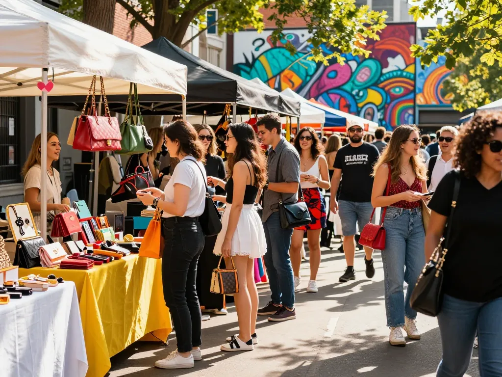 Vibrant urban shopping scene featuring 레플리카 fashion items, stylish shoppers enjoying a lively atmosphere.