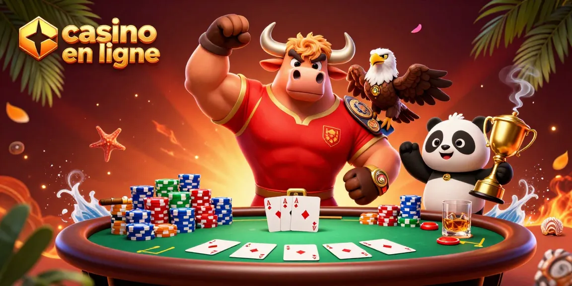 Un casino en ligne dynamique avec des personnages 3D colorés célébrant une victoire au poker.