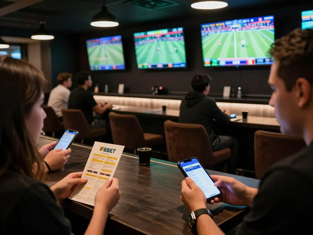 Sports betting on F8BET as patrons engage in lively discussions and place bets in a modern lounge.