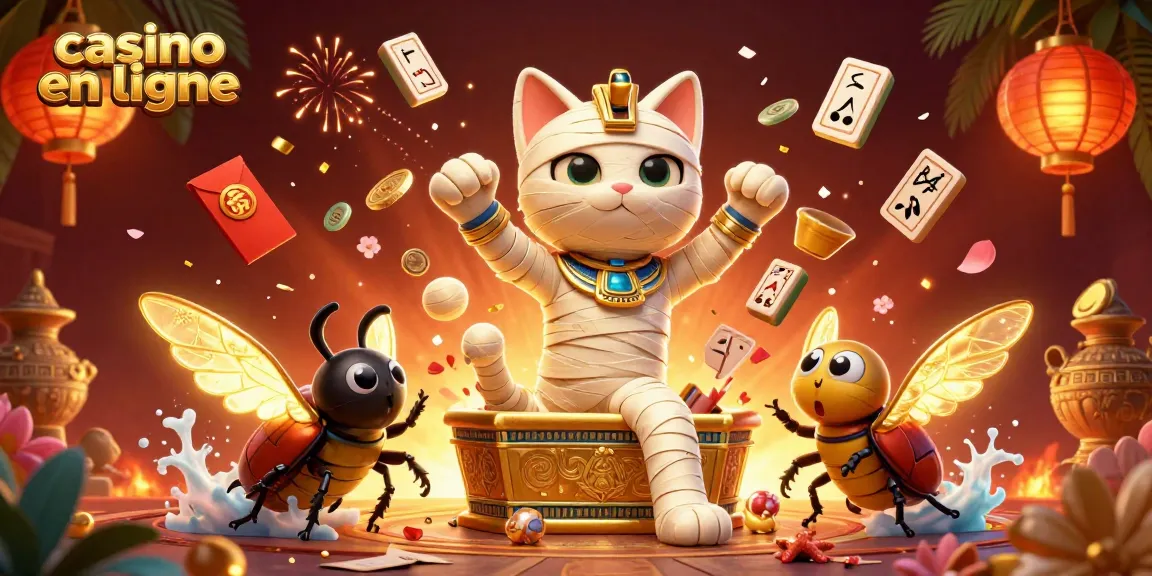 Plongez dans l'univers du casino en ligne avec un chat momie égyptien, révélant un sarcophage doré au milieu de jeux animés.