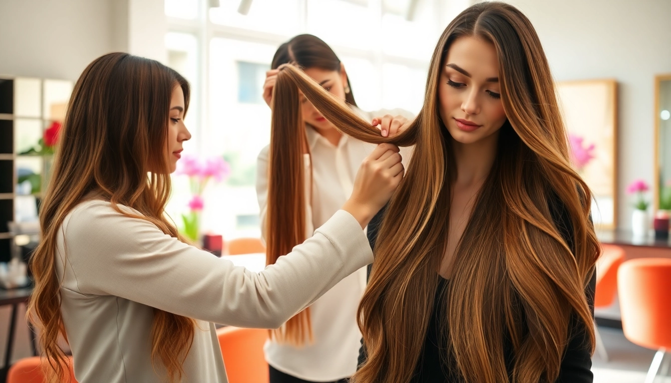 Applying invisi edge clip in hair extensions in a modern salon for a seamless look.