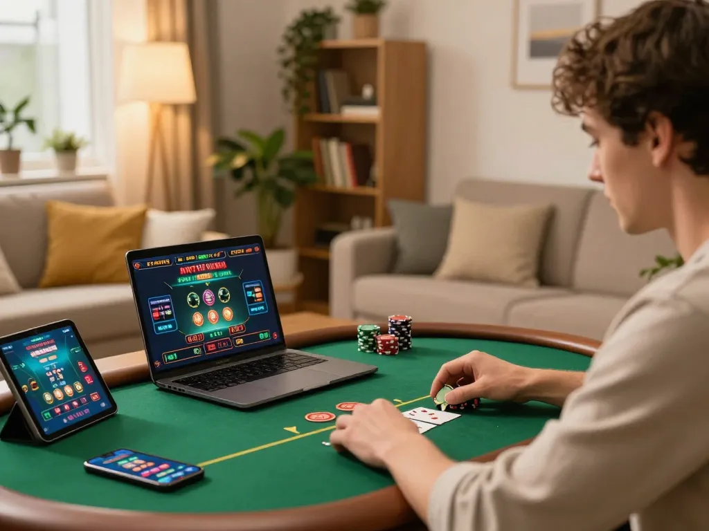 Engaged player enjoying online gameplay on lucky88 casino platform in a cozy home setting