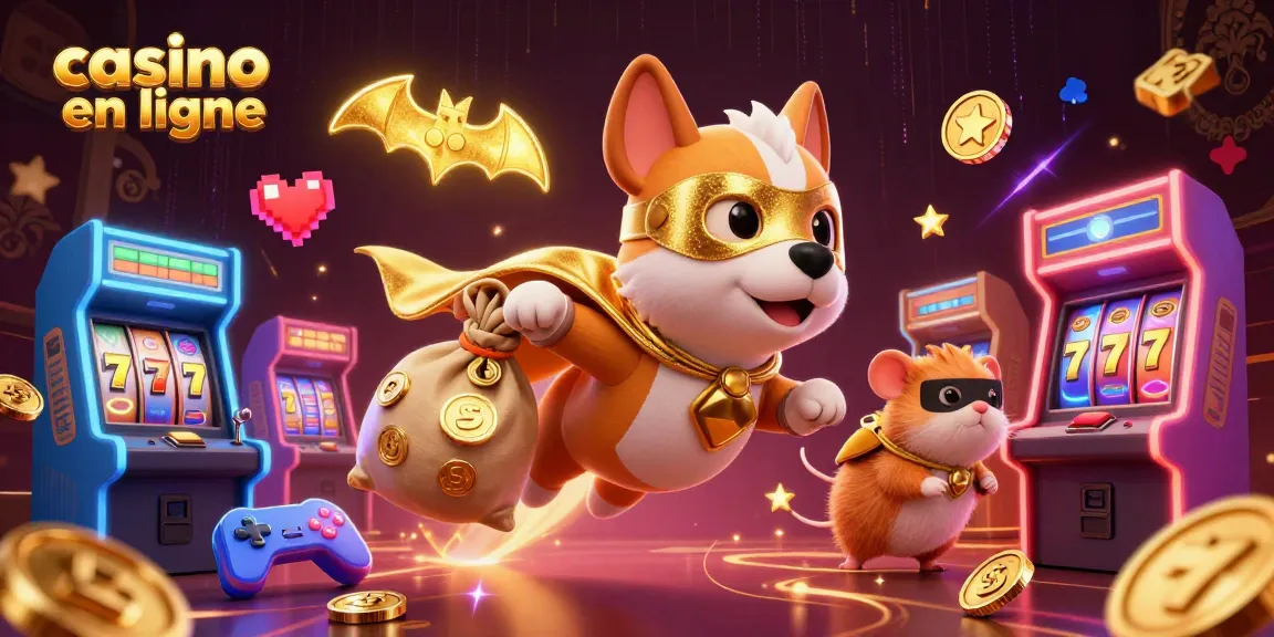 Animation d'un chien super-héros avec un hamster, symbolisant le casino en ligne, entouré de machines à sous.