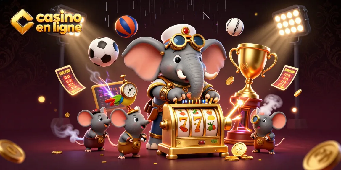 Visuel captivant de casino en ligne avec éléphant steampunk et des éléments de jeu interactifs.