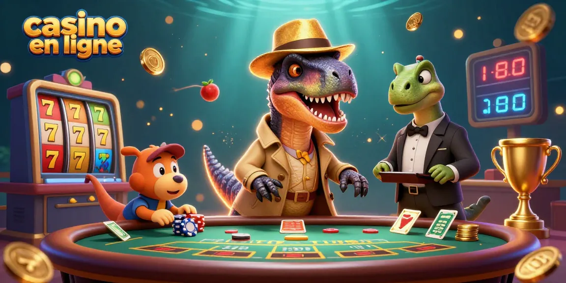 Plongez dans l'expérience casino en ligne avec une illustration 3D des jeux de casino et des personnages captivants.