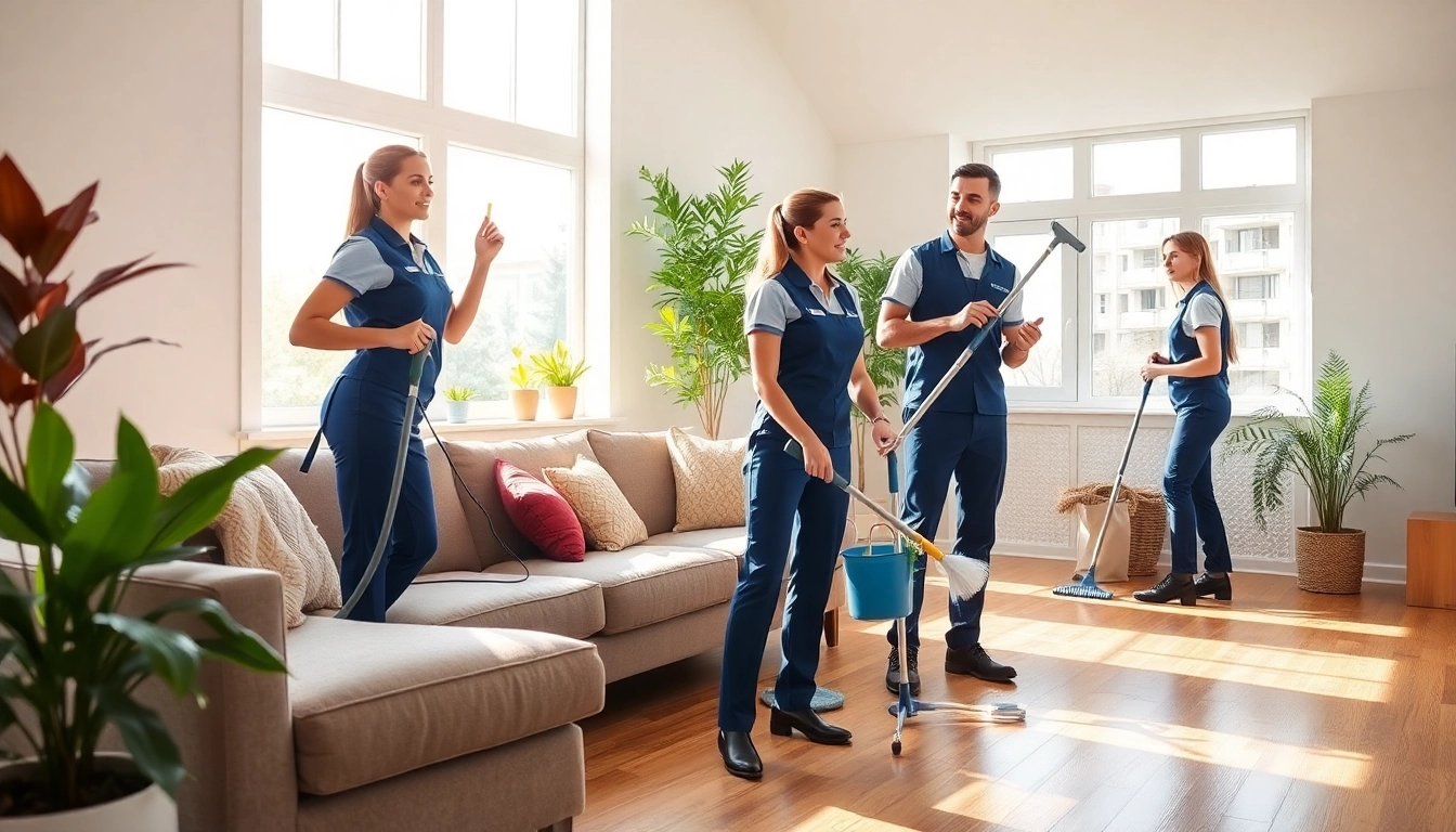 Efficient cleaning services calgary shown by professional cleaners in a bright living room.