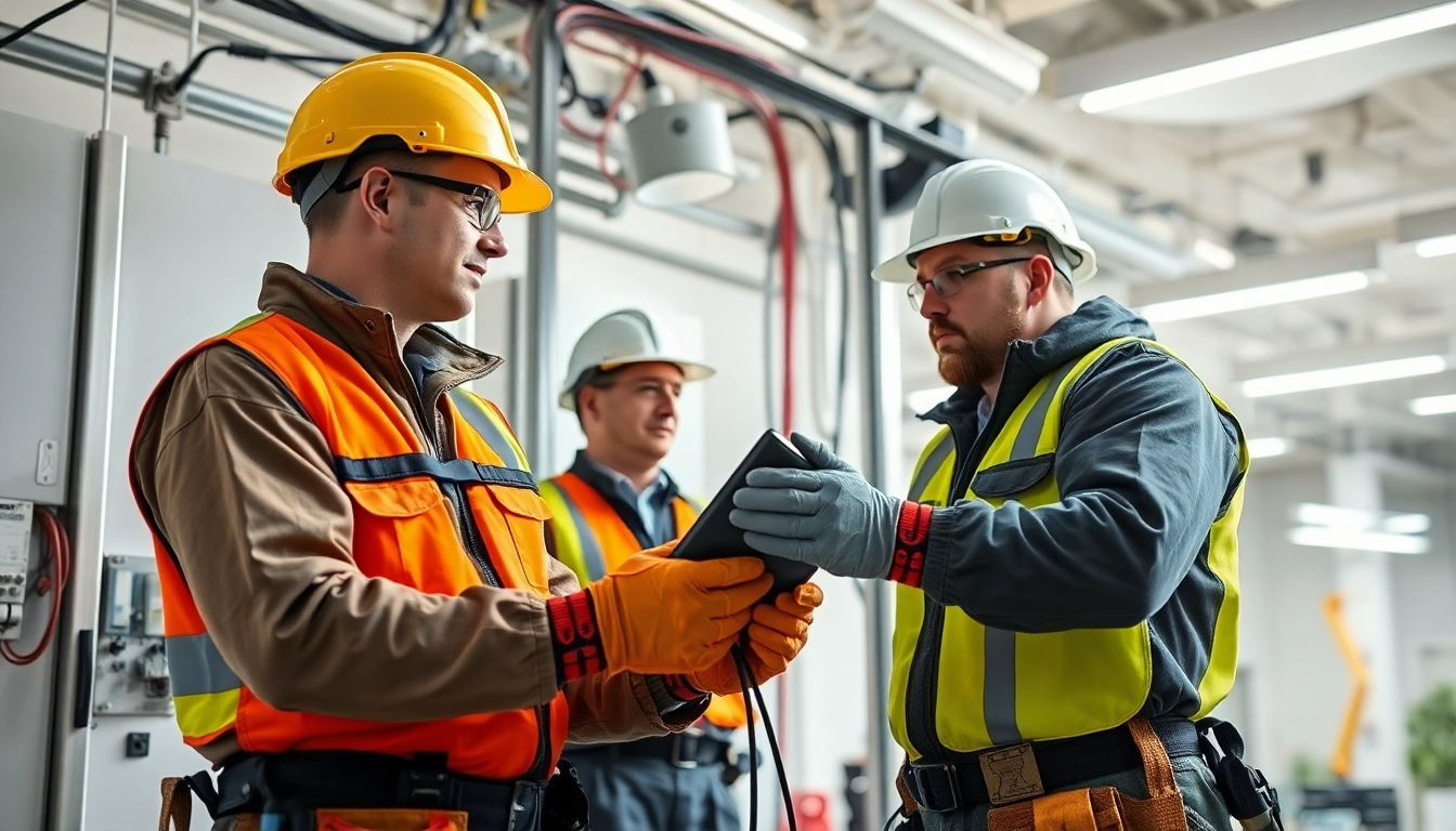Electricians conducting lighting service maintenance in a modern workspace.