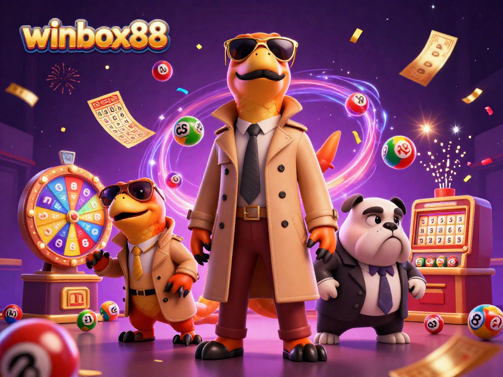 Engage with winbox88 in a vibrant casino scene featuring raptors and lottery elements.